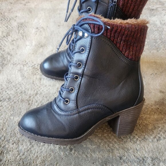 Lukees by Muk Luks Women Sz 7 Lacy Lori Navy Blue Combat Boot Knit Cuff Side Zip - Picture 4 of 11